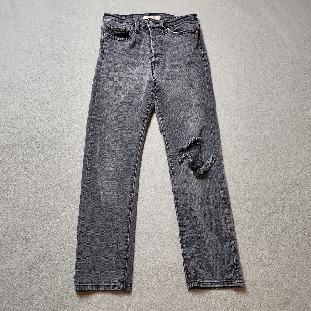 Levis Wedgie Straight Button Fly High Rise Premium Jeans Gray Black Wash Size 27